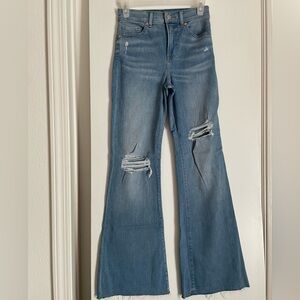 0/24” Express Distressed High Rise Flare Light Distressed Denim Stretch Jeans
